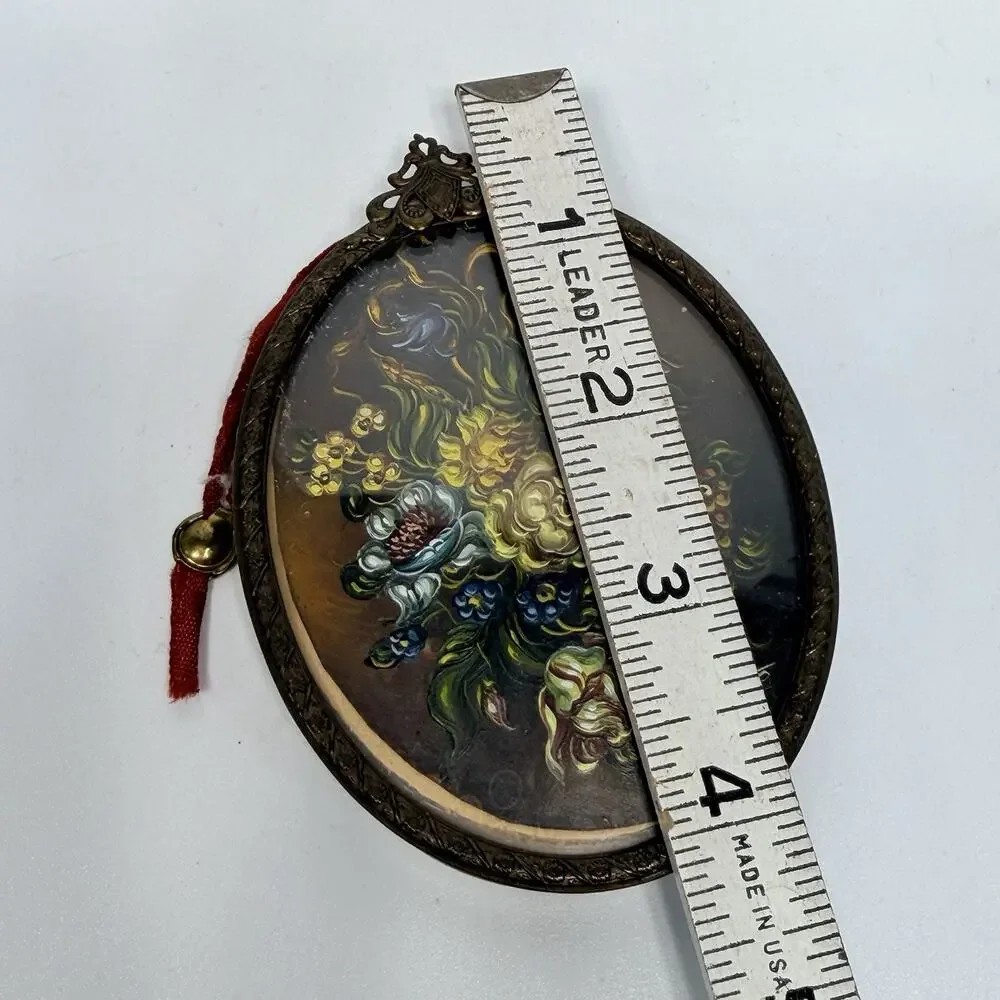 Mini Vtg Brass Victorian Oval Ornate Frame Convex Glass Italy Floral Painting 4
